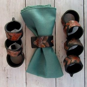 Handmade black ceramic gold fish napkin rings (8)